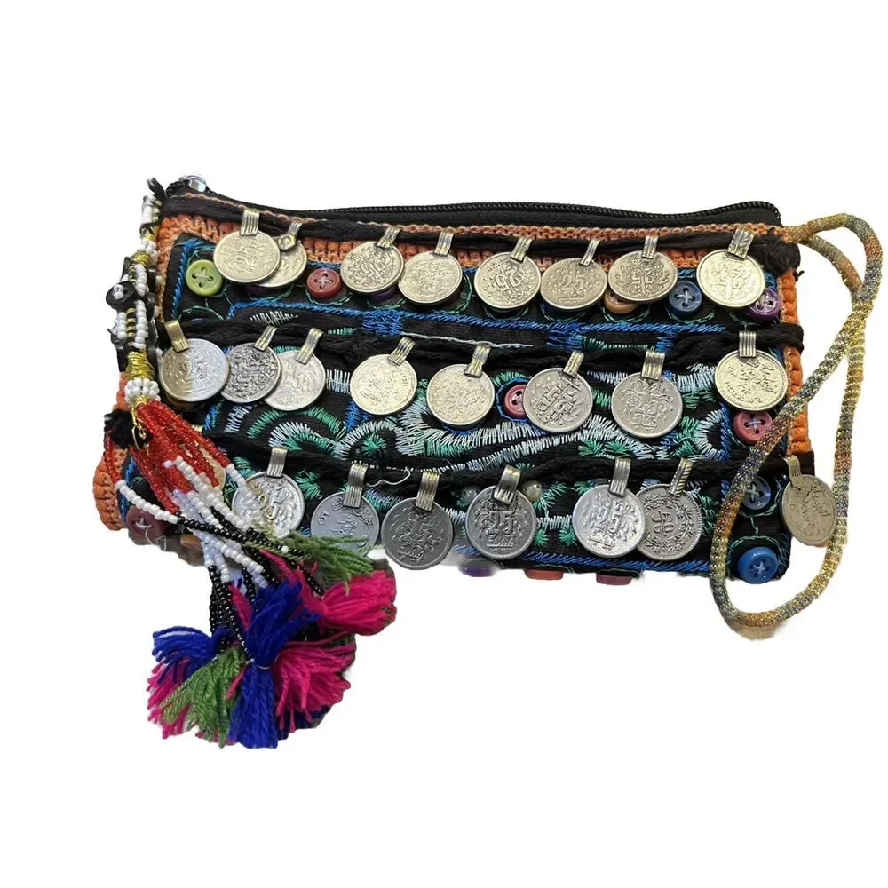 Pakistan 48 Paisa Coin Decorated Purse With Beads Embroidery 1969-1981 Dated - Picture 1 of 16